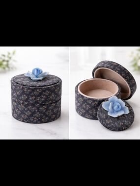 Vintage Italian Corduroy Jewelry Box with Decorative Ceramic Flower 2 Holders